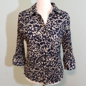 Black Tan V-Neck Button Front Long Sleeve Blouse